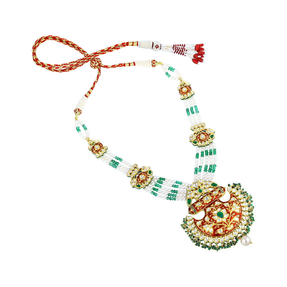 Red Enamel Polki Pendant Necklace with Pearls & Emerald Beads